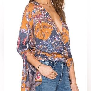 Free People Paisley Bell Sleeve Top with Tie Waist Size S mustard blue EUC